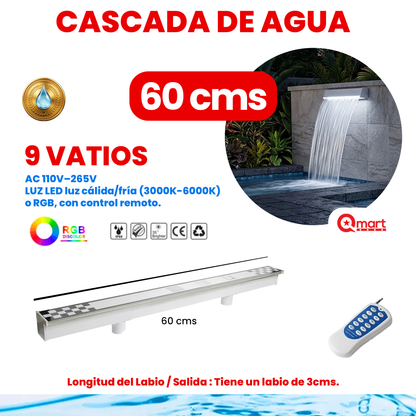 Cascada de Agua con Luz para Piscina, Pared, Paisaje, Fuente, Decoración Jardín, 60/90/120cms, IP68
