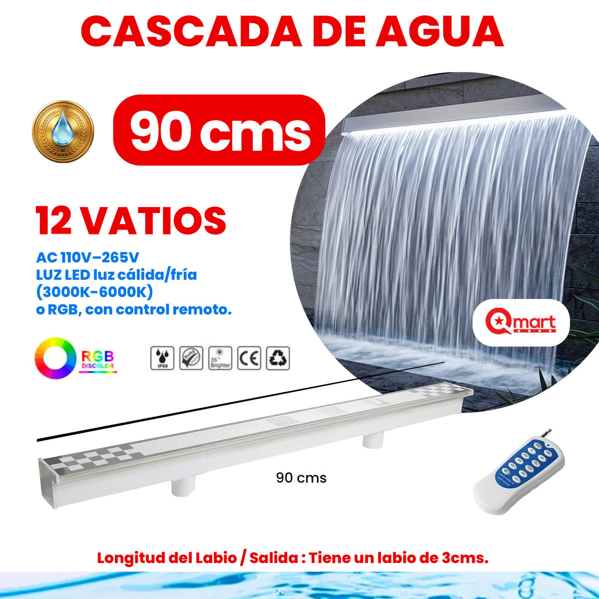 Cascada de Agua con Luz para Piscina, Pared, Paisaje, Fuente, Decoración Jardín, 60/90/120cms, IP68