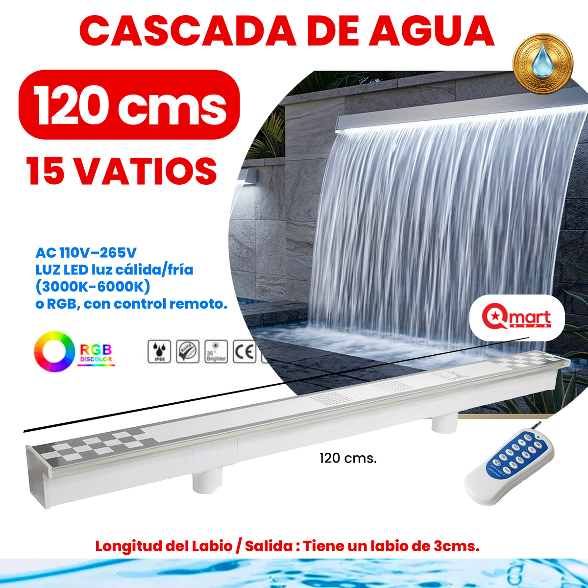 Cascada de Agua con Luz para Piscina, Pared, Paisaje, Fuente, Decoración Jardín, 60/90/120cms, IP68