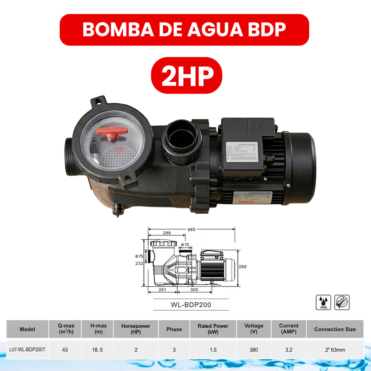 Bomba de Agua BDP de 1hp, 2hp, 3hp para Piscinas. Caudal Alto Volumen. Potente. Motor Alta Eficiencia IE3.