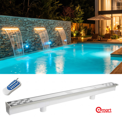 Cascada de Agua con Luz para Piscina, Pared, Paisaje, Fuente, Decoración Jardín, 60/90/120cms, IP68
