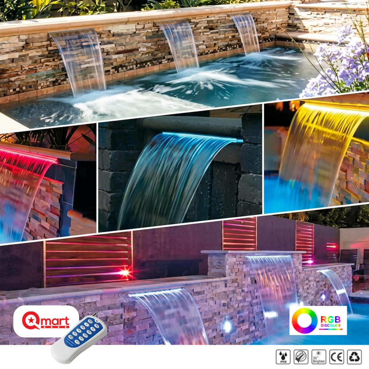 Cascada de Agua con Luz para Piscina, Pared, Paisaje, Fuente, Decoración Jardín, 60/90/120cms, IP68