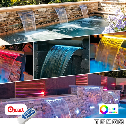 Cascada de Agua con Luz para Piscina, Pared, Paisaje, Fuente, Decoración Jardín, 60/90/120cms, IP68