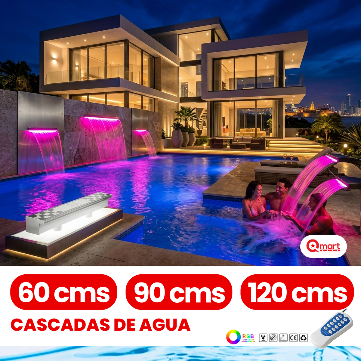 Cascada de Agua con Luz para Piscina, Pared, Paisaje, Fuente, Decoración Jardín, 60/90/120cms, IP68
