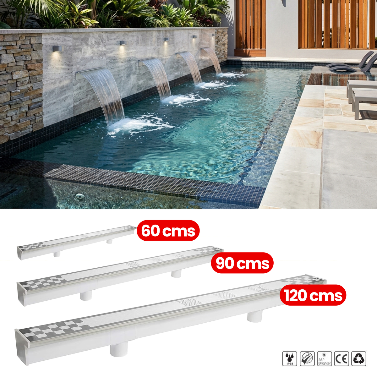 Cascada de Agua con Luz para Piscina, Pared, Paisaje, Fuente, Decoración Jardín, 60/90/120cms, IP68