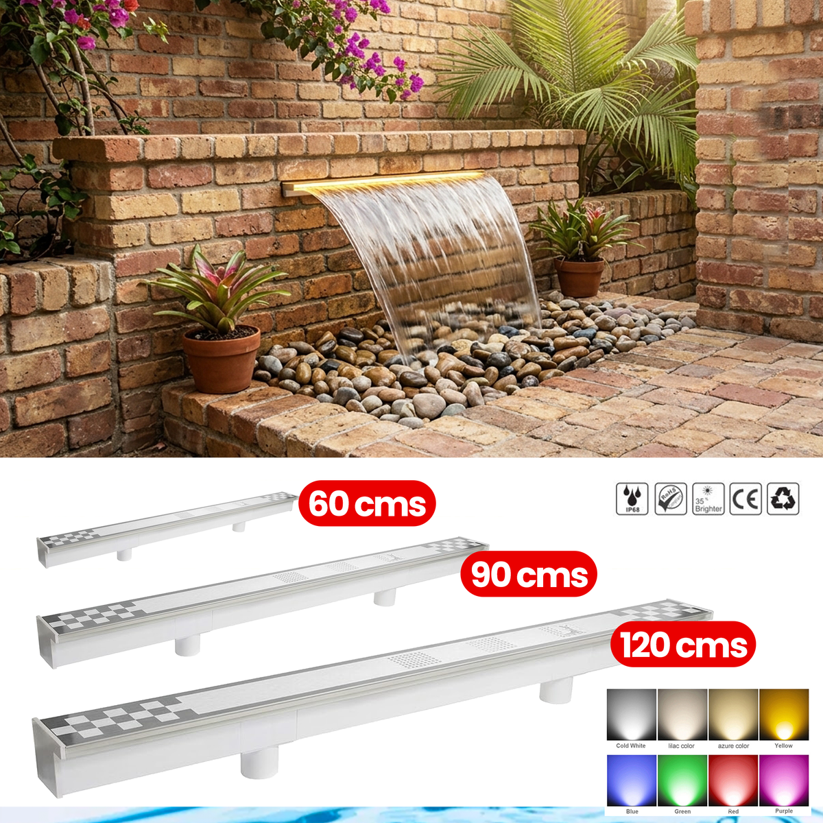 Cascada de Agua con Luz para Piscina, Pared, Paisaje, Fuente, Decoración Jardín, 60/90/120cms, IP68