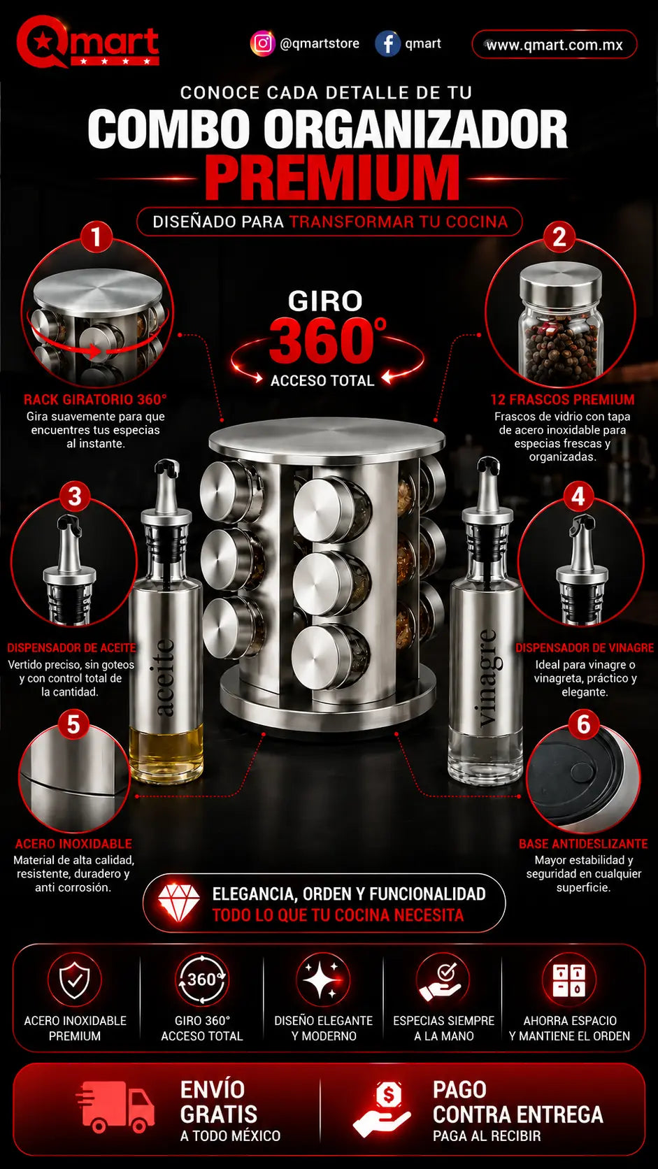 Conoce cada detalle de tu combo organizador premium: rack giratorio 360° que gira suavemente, 12 frascos de vidrio con tapa de acero inoxidable, dispensador de aceite de vertido preciso sin goteos, dispensador de vinagre, acero inoxidable resistente y anticorrosión, y base antideslizante para mayor estabilidad.