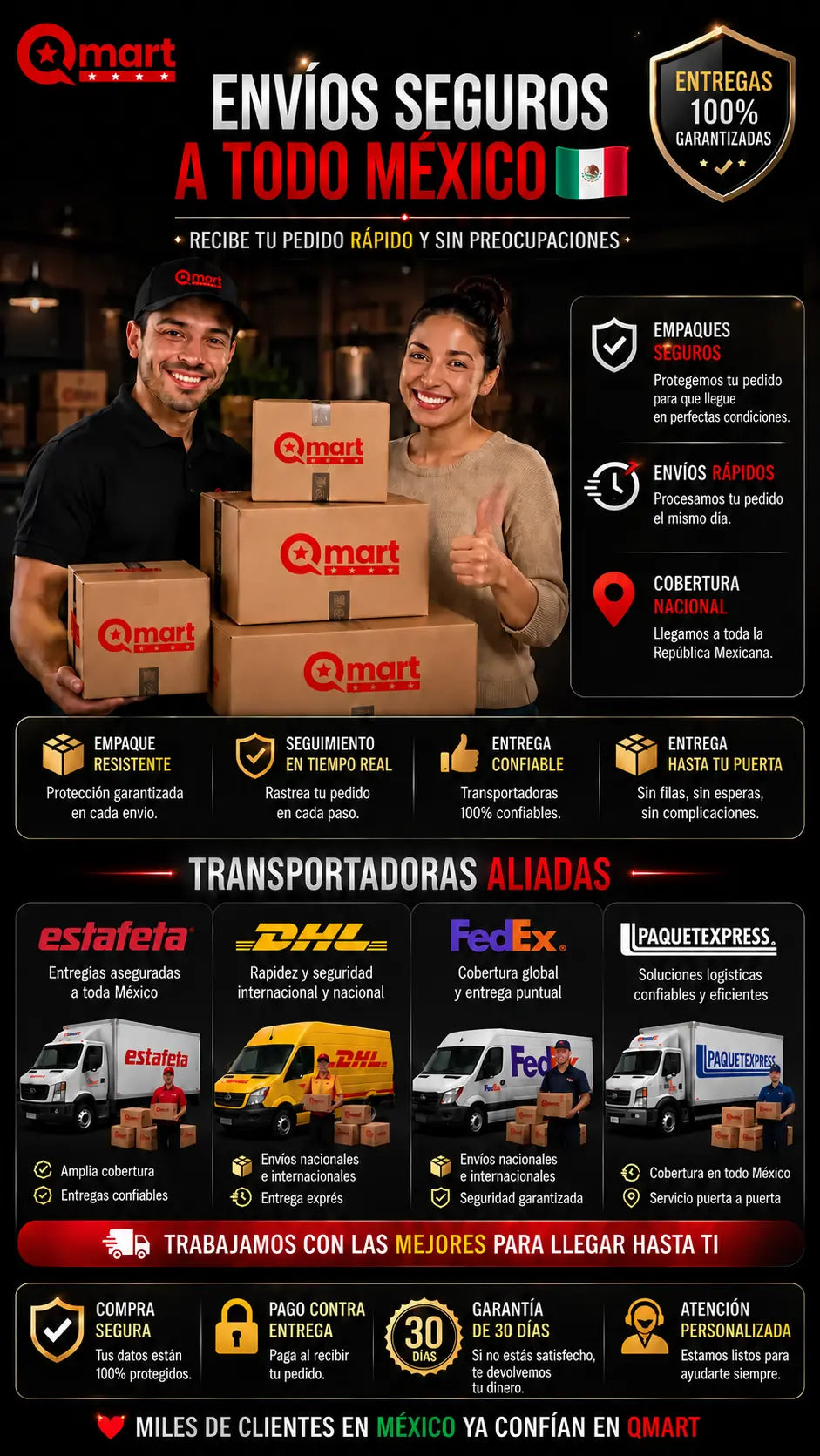 Envíos seguros a todo México con entregas 100% garantizadas. Empaques seguros, envíos rápidos procesados el mismo día y cobertura en toda la República. Seguimiento en tiempo real y entrega hasta tu puerta con transportadoras aliadas: Estafeta, DHL, FedEx y Paquetexpress. Compra segura, pago contra entrega, garantía de 30 días y atención personalizada.